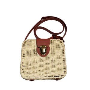 Wicker Crossbody Purse Vegan Faux Leather Floral Lining Adjustable Strap Boho